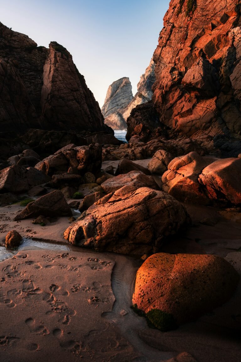 A beach with rocks and a body of water